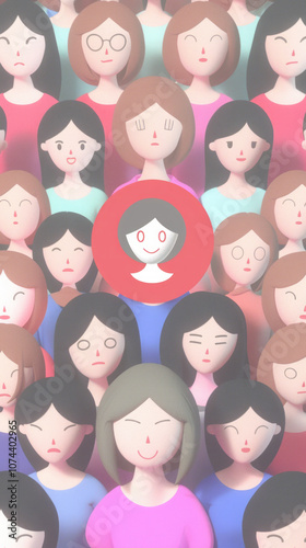 Unique character stands out in a crowd of similar cartoon faces. International woman day concept