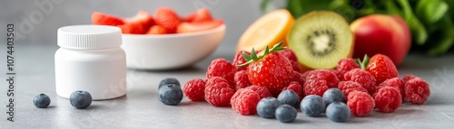 Boost your health, fresh fruits and vitamin supplements for enhanced immunity wellbeing