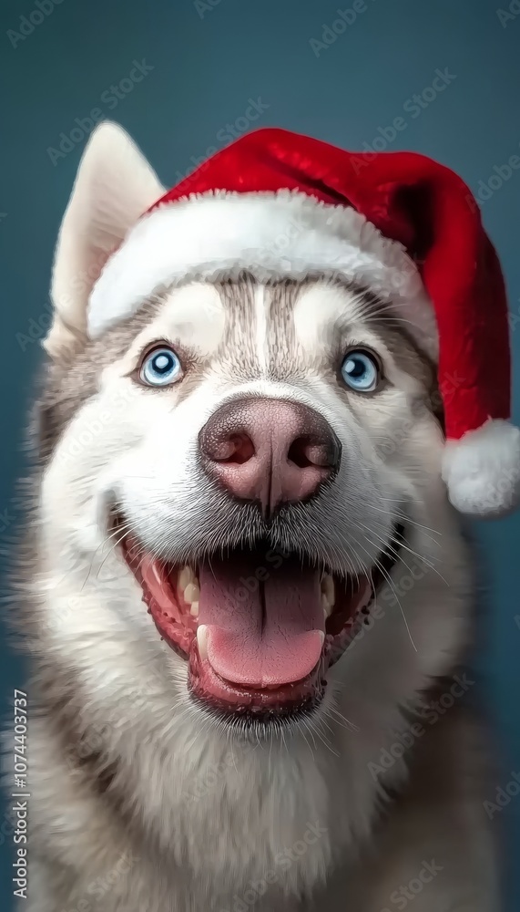 Smiling Husky in Santa Hat: A Siberian husky with bright blue eyes beams with festive cheer, wearing a Santa hat. The dog's happy expression is infectious, capturing the joy of the holiday season. Smiling Husky in Santa Hat: A Siberian husky with bright blue eyes beams with festive cheer, wearing a Santa hat. The dog's happy expression is infectious, capturing the joy of the holiday season.