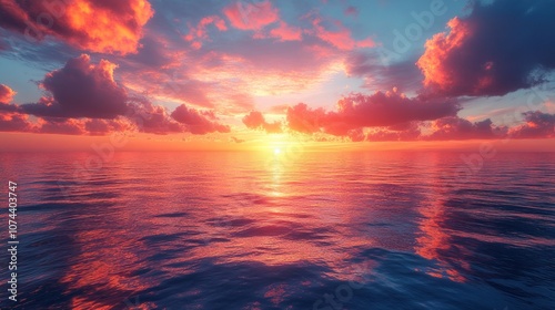 Vibrant sunset over calm ocean waters with colorful clouds.