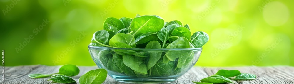 Fresh spinel leaves in glass bowl on rustic wooden table, a still life of natural botanical freshness Fresh spinel leaves in glass bowl on rustic wooden table, a still life of natural botanical freshness