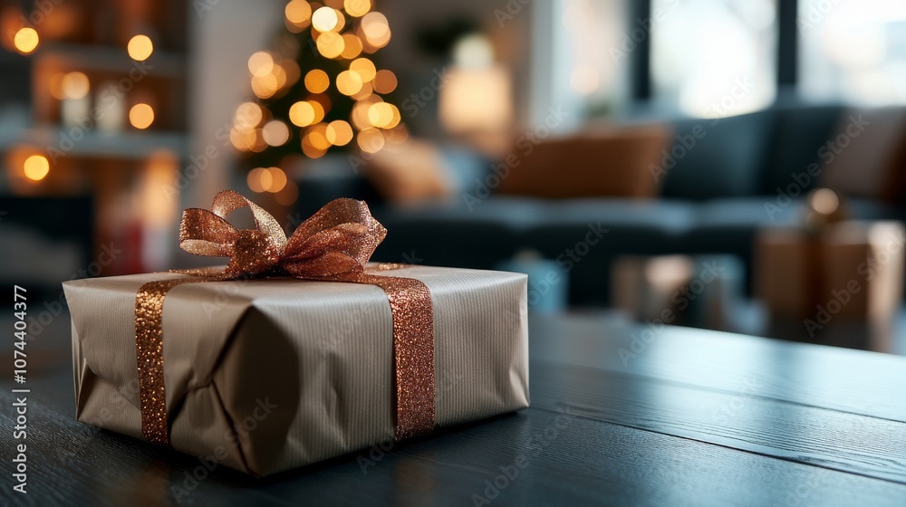 Christmas Present Under the Tree: A beautifully wrapped gift with a golden ribbon sits on a wooden table. Christmas Present Under the Tree: A beautifully wrapped gift with a golden ribbon sits on a wooden table.