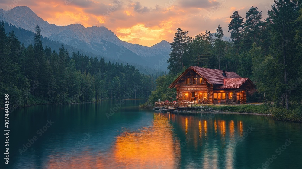 Fototapeta premium Serene lakeside cabin at sunset with mountain backdrop.