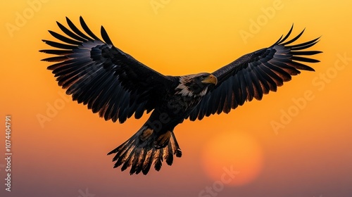 Shadow of an eagle in flight. The shadow of an eagle with its wings spread wide, flying in the sky with the sunset as a background.