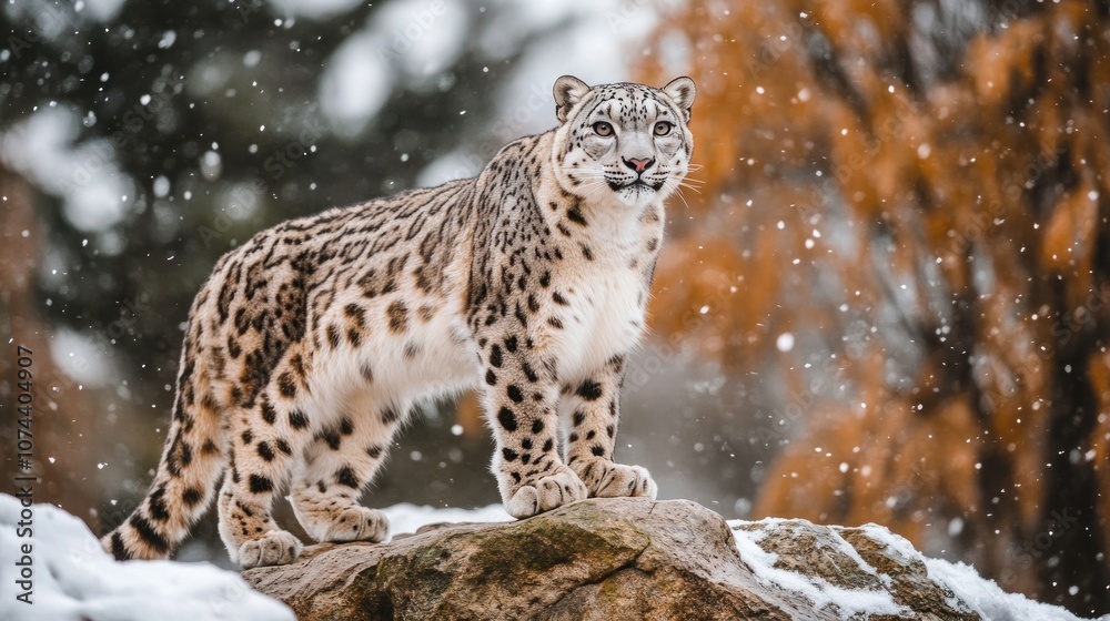 Naklejka premium Snow leopard standing on a rock amidst snowy mountains, sharpen details, clear eyes and patterns
