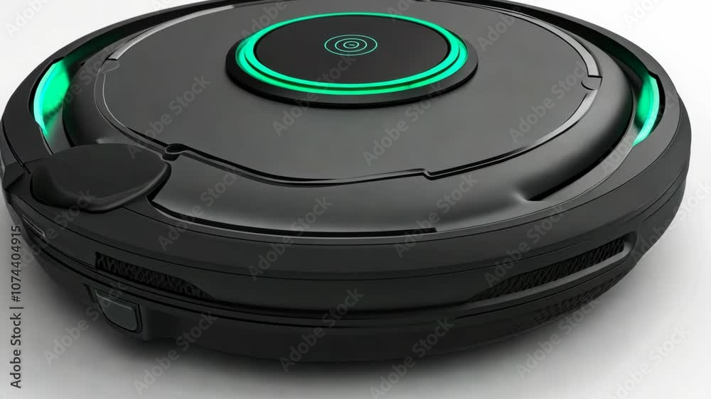 A black robotic vacuum cleaner with a green light on the top A black robotic vacuum cleaner with a green light on the top