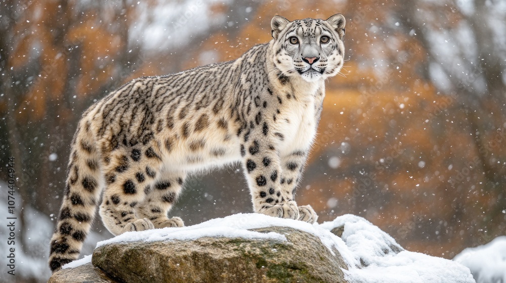 Obraz premium Snow leopard standing on a rock amidst snowy mountains, sharpen details, clear eyes and patterns