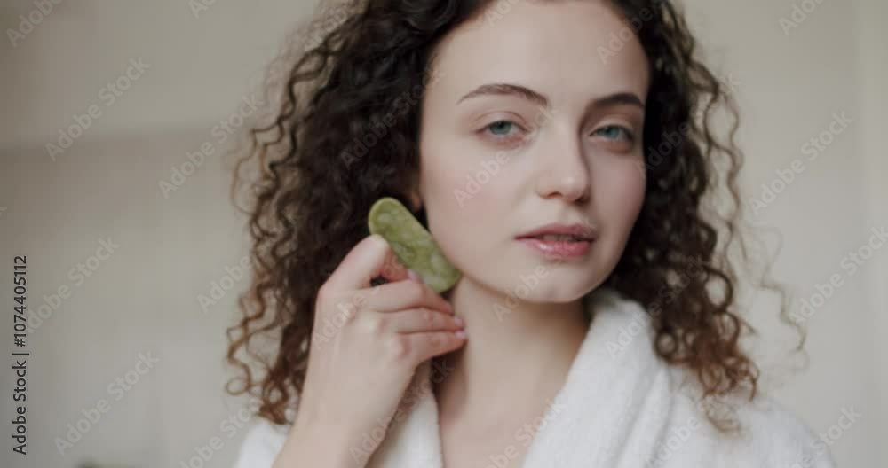 Portrait of a young woman doing a facial massage with a green Gua Sha stone scraper. Concept of skincare cosmetology natural beauty cosmetics face building. Facial skin care lifting and beauty rituals Portrait of a young woman doing a facial massage with a green Gua Sha stone scraper. Concept of skincare cosmetology natural beauty cosmetics face building. Facial skin care lifting and beauty rituals