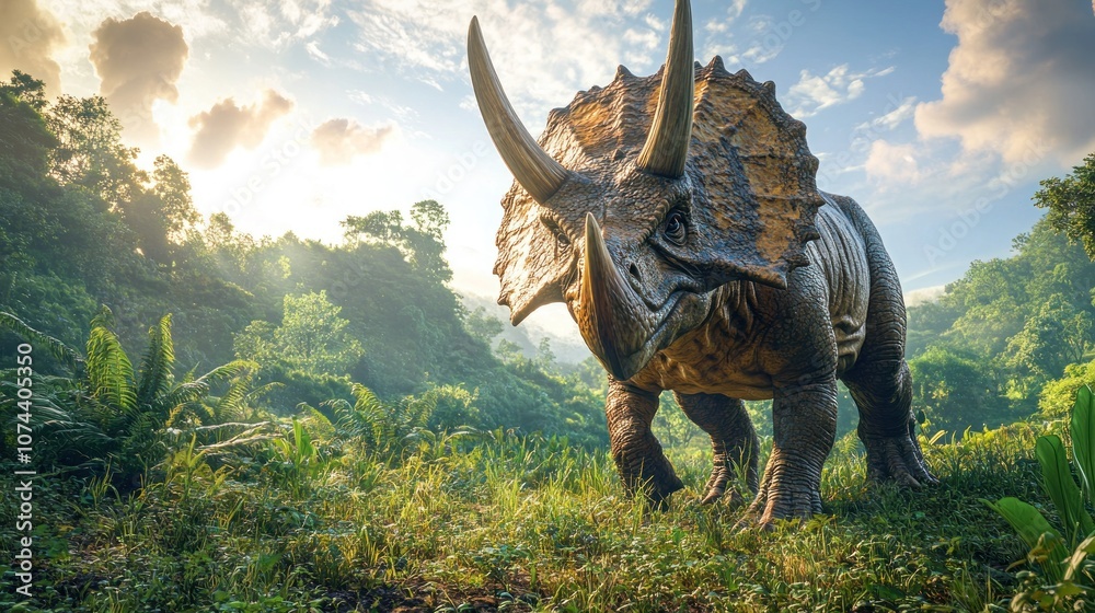 Triceratops stands in the middle of a lush grassland, with three sharp horns and a large mane, looking majestic in the dinosaur era. Triceratops stands in the middle of a lush grassland, with three sharp horns and a large mane, looking majestic in the dinosaur era.