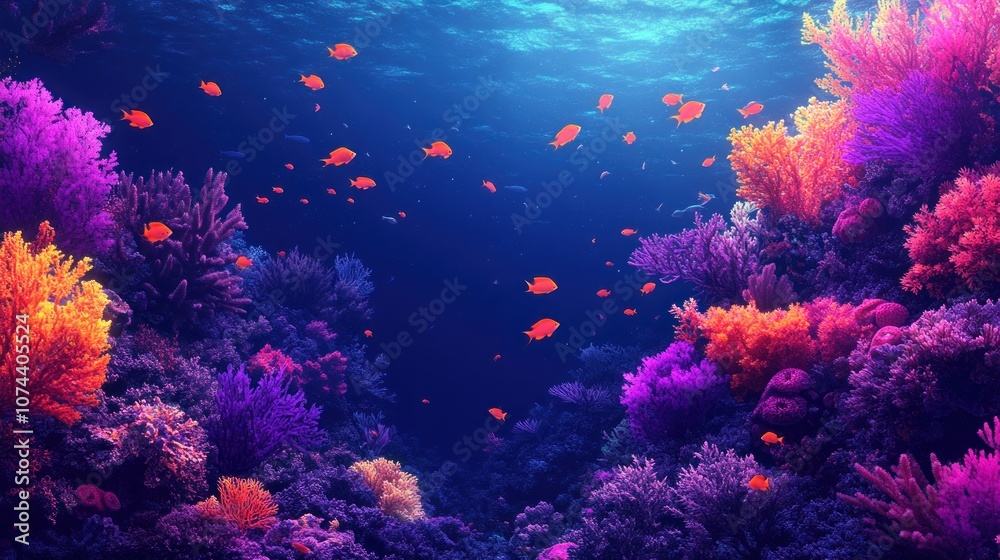 Underwater background with vibrant coral reefs in shades of pink, purple, and orange, surrounded by small colorful fish Underwater background with vibrant coral reefs in shades of pink, purple, and orange, surrounded by small colorful fish