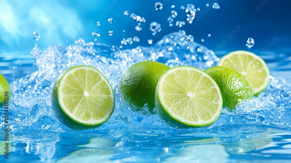 Limes submerged in water with refreshing splash, burst of citrus flavor for summer drinks and culinary delights Limes submerged in water with refreshing splash, burst of citrus flavor for summer drinks and culinary delights
