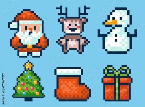 Pixel art Christmas icons including Santa Claus, reindeer, snowman, stocking, evergreen tree, and gift box. Icons for holiday designs, greeting cards, or Christmas themed digital illustrations.