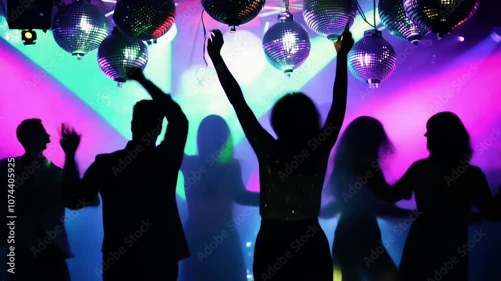 Energetic dancers moving joyfully beneath shimmering disco balls