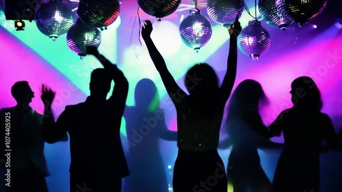 Energetic dancers moving joyfully beneath shimmering disco balls