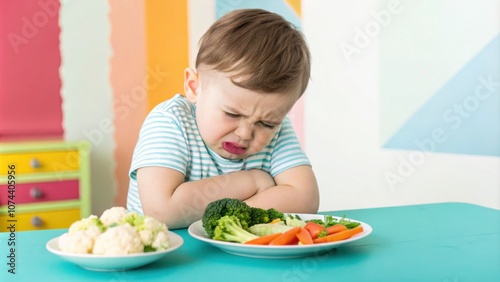 Child frowning at plate of vegetables.