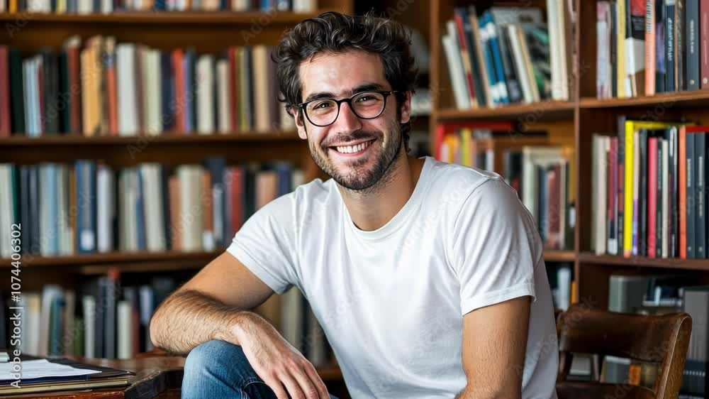 Smiling Man with Glasses in Library Smiling Man with Glasses in Library