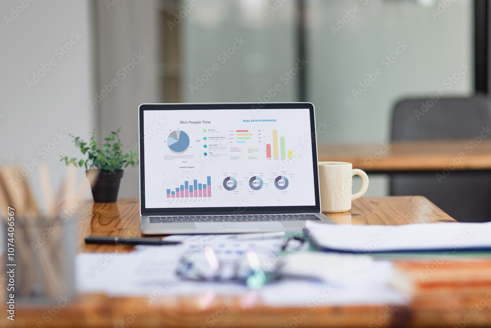 Computer laptop with analysis stock market indicators for best investment on office desk. Computer laptop with analysis stock market indicators for best investment on office desk.