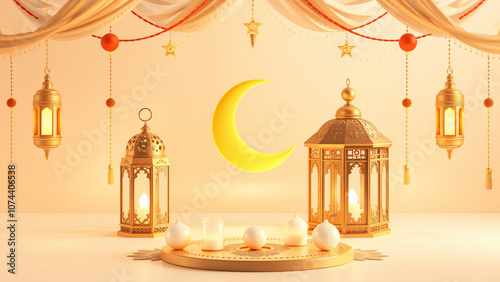 Ramadan with moon and star lantern decoration, abstract luxury islamic background
3d rendering illustration