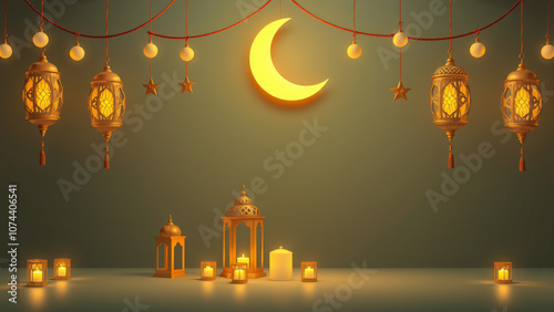 Ramadan with moon and star lantern decoration, abstract luxury islamic background
3d rendering illustration