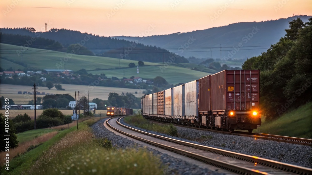 Fototapeta premium Freight train traveling through a scenic landscape.