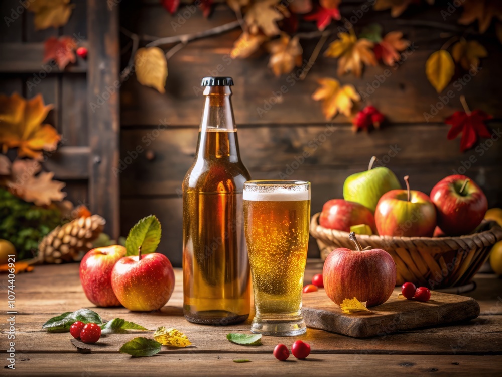 Refreshing Cold Hard Apple Cider in a Pint Glass and Bottle on Rustic Wooden Table with Copy Space for Text or Branding in a Cozy Autumn Setting Refreshing Cold Hard Apple Cider in a Pint Glass and Bottle on Rustic Wooden Table with Copy Space for Text or Branding in a Cozy Autumn Setting