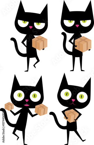 Wallpaper Mural Funny cartoon black cat with big head, pink nose and green eyes. Cat hold cardboard box, online shipping. Perfect for greeting cards, or any design that requires a cute and lovable feline companion.  Torontodigital.ca