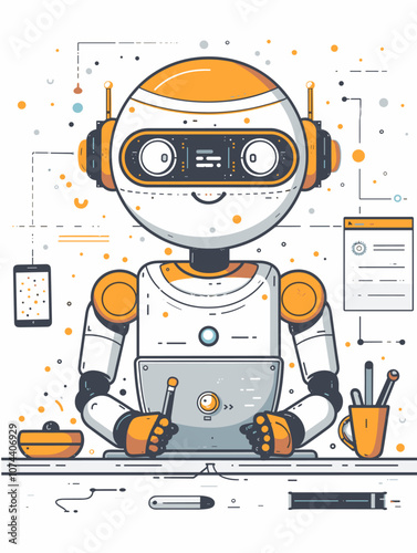 Vector illustration of robot working on laptop. Artificial intelligence concept. Line art design for web, site, advertising, banner, poster, board and print.