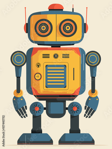Retro robot vector illustration in flat design style. Futuristic technology concept.