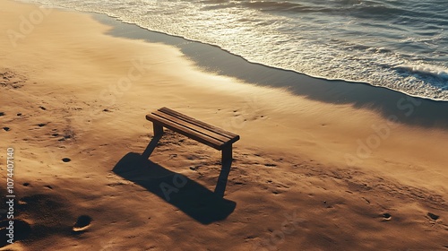 A single wooden bench nestled on a deserted beach, with sunlight casting long shadows across the sand, waves lapping at the shore, creating a peaceful, serene scene