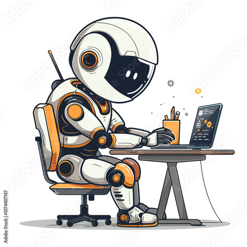 Robot working at the computer. Vector illustration in cartoon style.