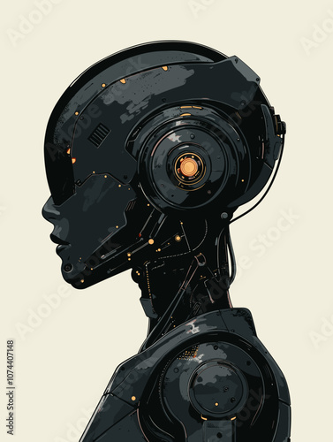 Vector illustration of a futuristic robot. Humanoid robot in space.