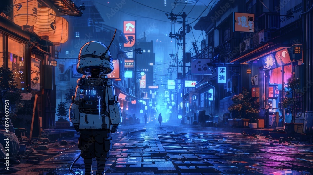 Fototapeta premium Solitary Adventures in a Cyberpunk Cityscape