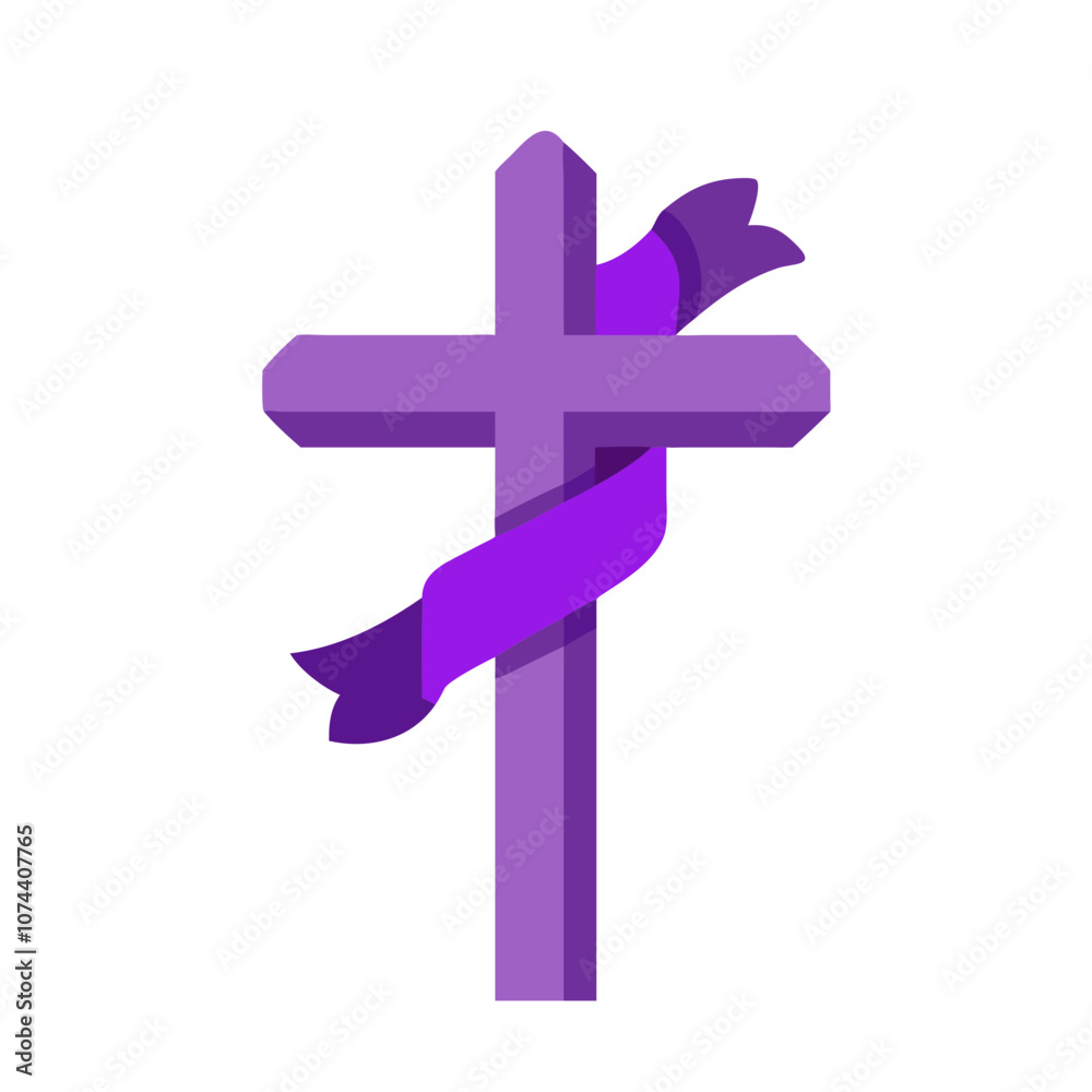 Obraz premium Purple Cross with Draped Ribbon in Minimalist Style