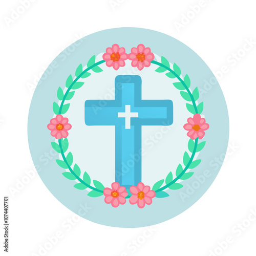 Blue Cross with Pink Flowers in Circular Frame

