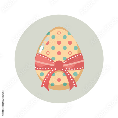 Polka-dotted Easter egg with red bow in pastel icon style

