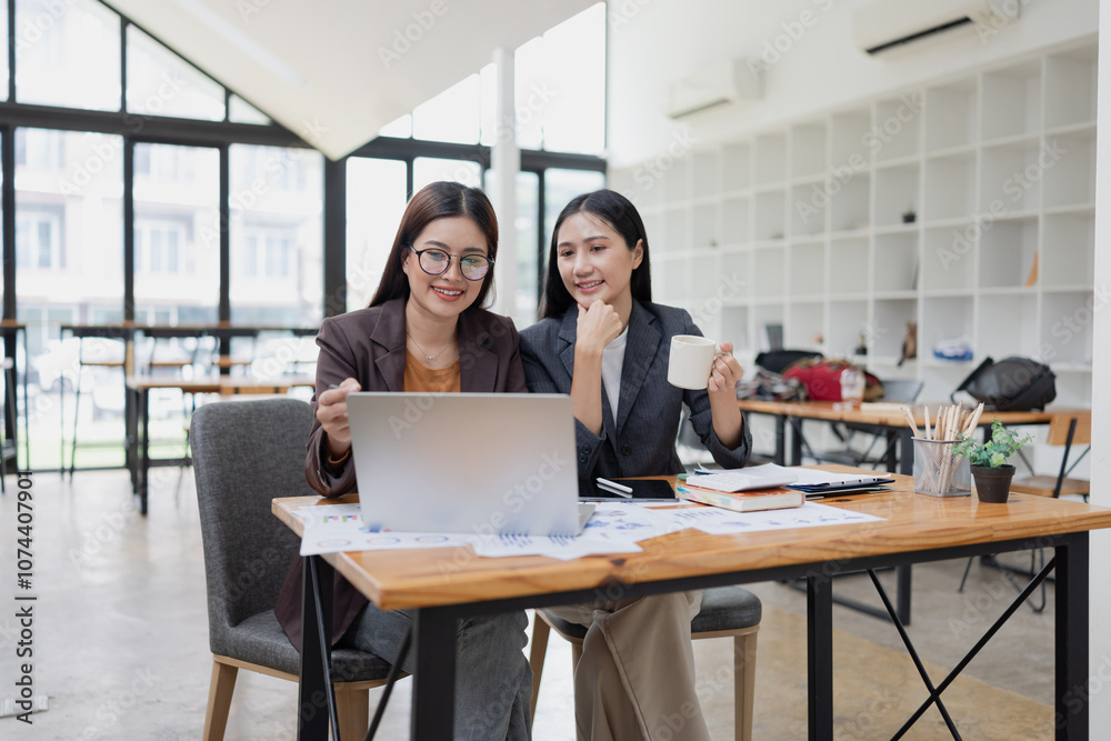 Two businesswoman working with analysis data investment plan, Business startup and marketing presentation, Two businesswoman working with analysis data investment plan, Business startup and marketing presentation,