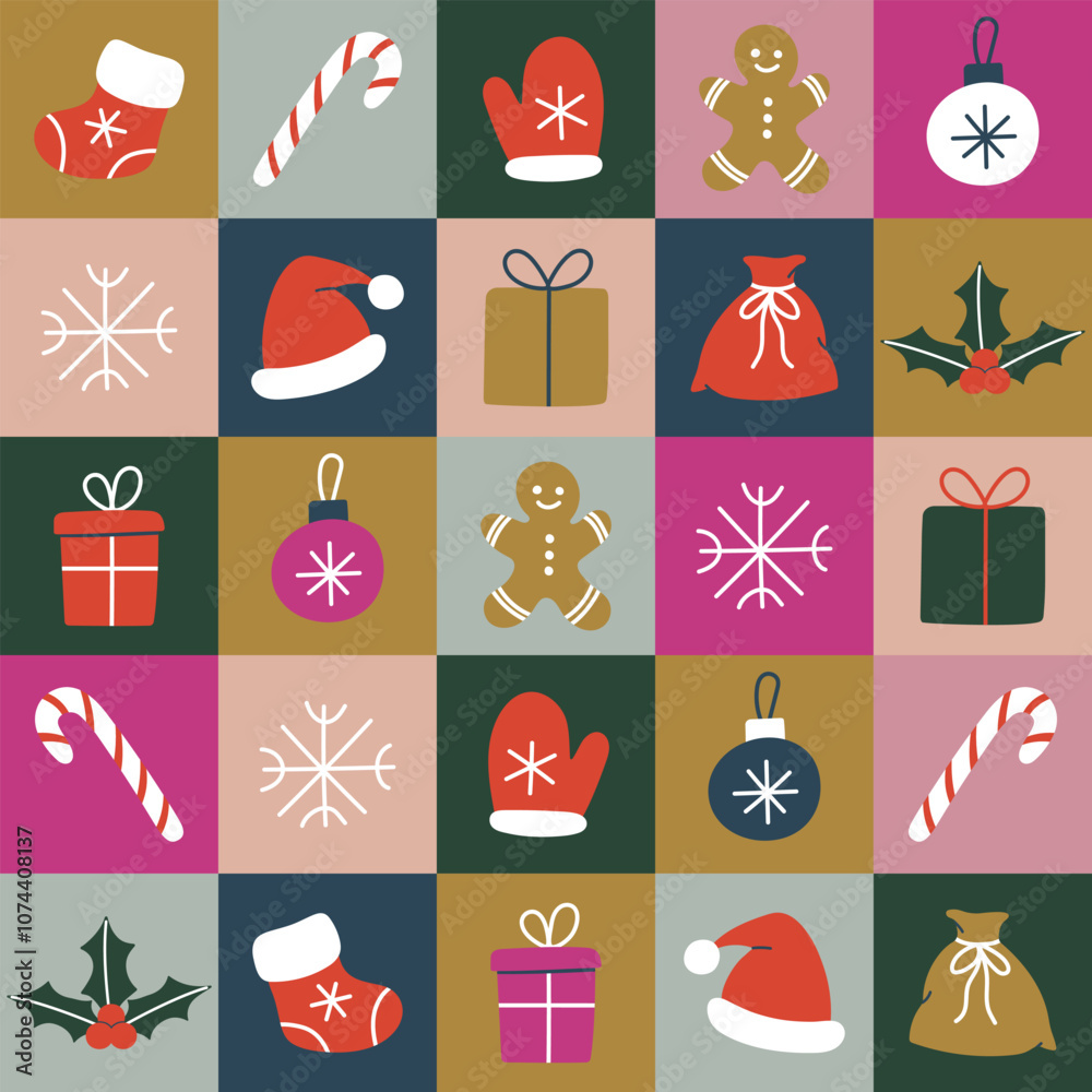 Fototapeta premium Christmas geometric seamless pattern with holiday abstract icons. Trendy festive design for background, wrapping paper, wallpaper. Vector illustration.
