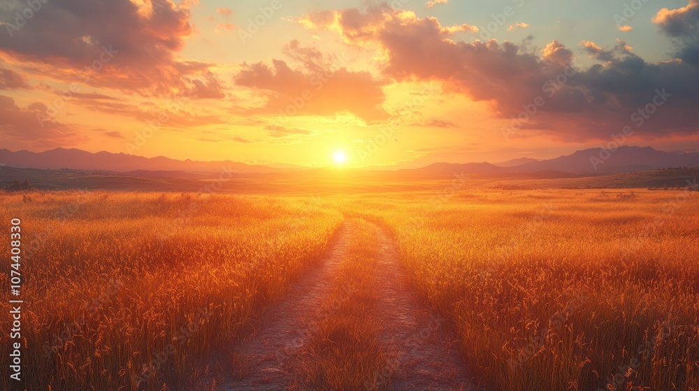 A serene sunset over a golden field, inviting tranquility and reflection. A serene sunset over a golden field, inviting tranquility and reflection.