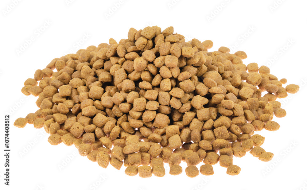 dry pet food isolated on white background. close up. top view. blank for designers