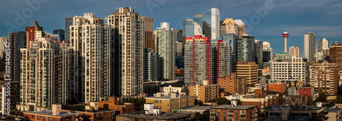 Travel destination Calgary. Panoramic view of skyline in the autumn season with bankers hall and Calgary tower