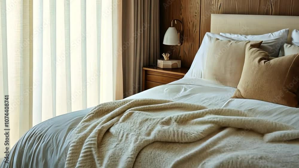A cozy bed with soft blankets, creating a warm, inviting space for restful sleep.
