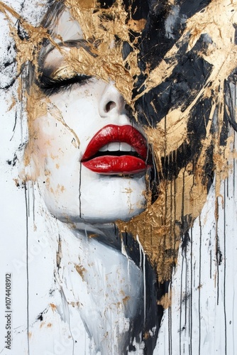 A striking portrait of a woman with red lips and gold accents, blending beauty and abstract art in a captivating composition. Generative AI