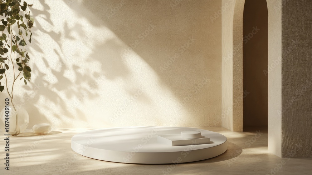 Elegant, circular 3D product platform with subtle shadows, creating a high-end, modern presentation scene.