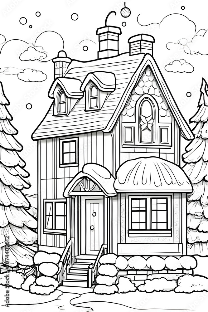 Obraz premium Christmas house coloring book page