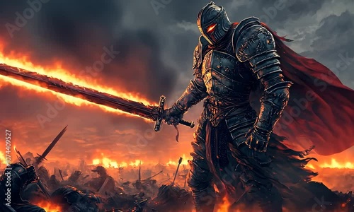 A fierce knight stands amidst a fiery battlefield, wielding a glowing sword, embodying strength and valor in a dramatic, apocalyptic setting. photo