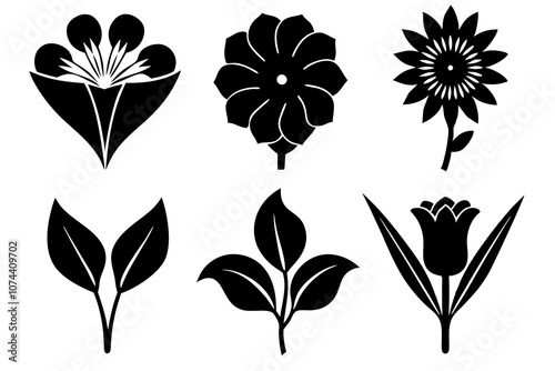 6 vector silhouette icon set of Black-eyed Susan, Calla Lily, Yarrow, Bleeding Heart, Oleander, Bellflower