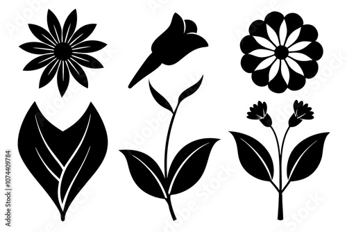 6 vector silhouette icon set of Black-eyed Susan, Calla Lily, Yarrow, Bleeding Heart, Oleander, Bellflower