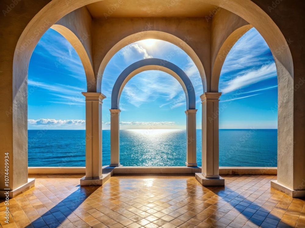 Serene Open Sea View Framed by Radiant Archways Beneath a Bright Blue Sky, Capturing Nature’s Beauty and the Essence of Freedom in Urban Exploration Photography Serene Open Sea View Framed by Radiant Archways Beneath a Bright Blue Sky, Capturing Nature’s Beauty and the Essence of Freedom in Urban Exploration Photography