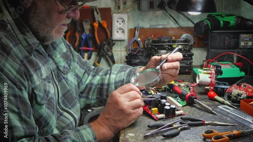 An old master repairs computer components in a workshop. Using a soldering iron and other tools, he repairs and adjusts broken electronics.