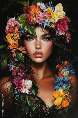A beautiful woman adorned with vibrant flowers and lush leaves, captured in a dreamy portrait filled with color and life. Generative AI